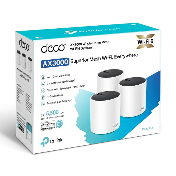 TP-Link Deco X55 Pack de 3 Routeurs Wi-Fi 6 Mesh Bi-bande AX3000 Blanc