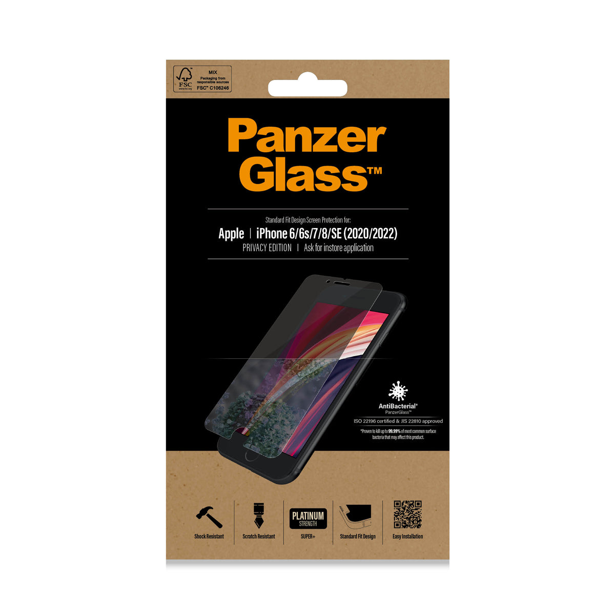PanzerGlass Protection d'Écran de Confidentialité pour iPhone SE (2020/2022), 8, 7, 6, 6s, Standard Fit