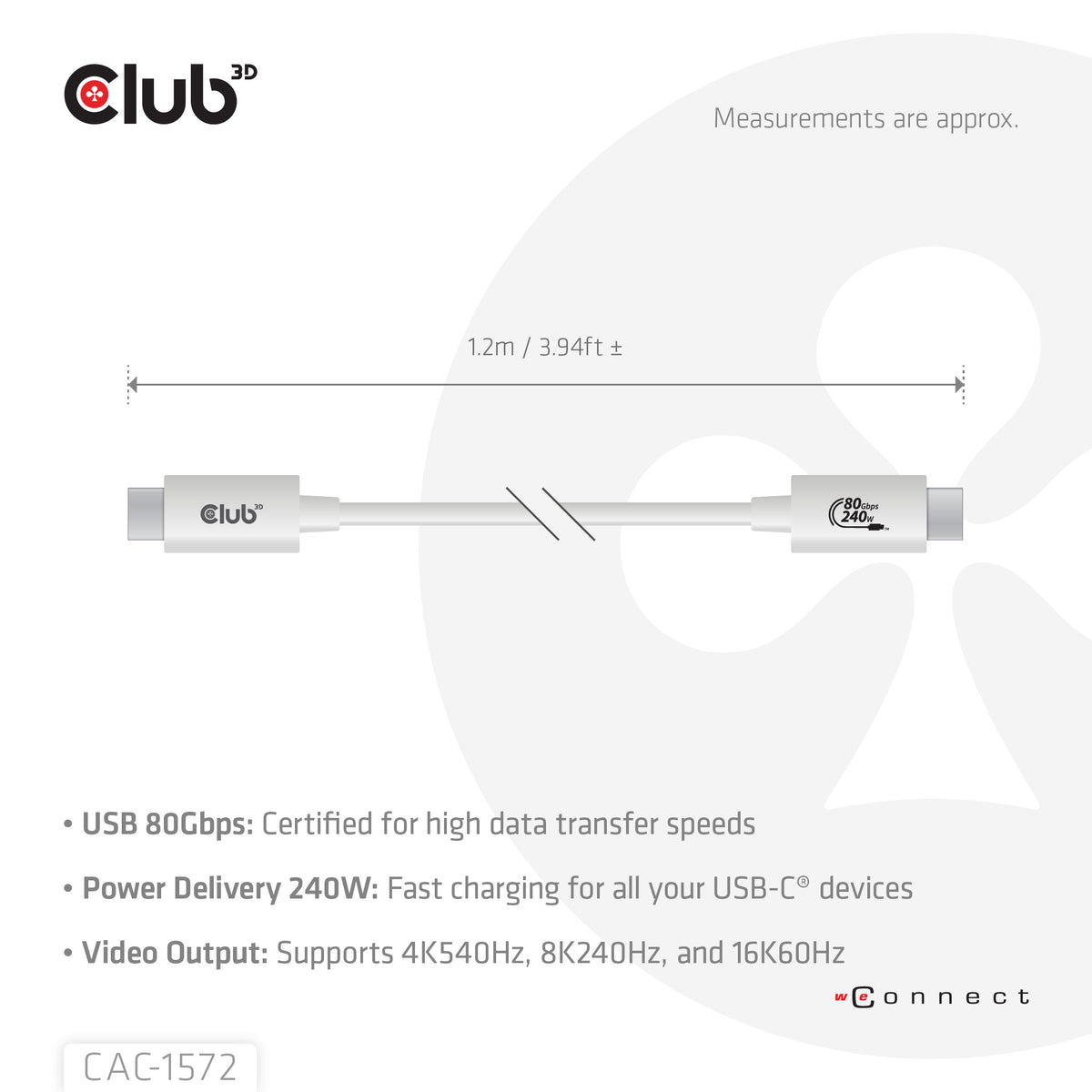 CLUB3D CAC-1572 Câble USB4 Gen 2x2 USB-C vers USB-C, 80 Gbit/s, 240W, 1,2 m, Blanc