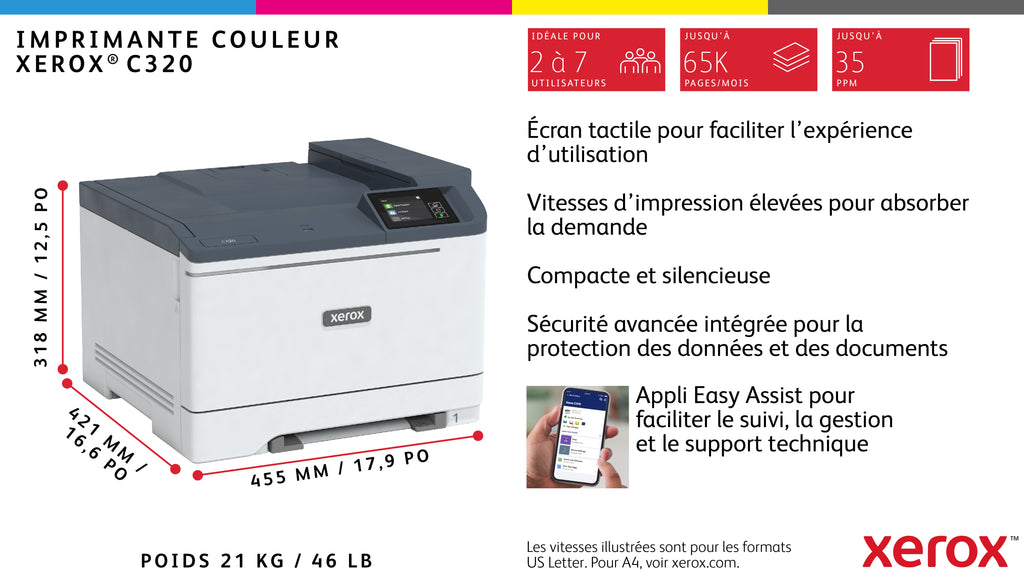 Xerox C320 Imprimante Laser A4 Recto Verso Sans Fil, 33 ppm, PS3 PCL5e/6, Capacité 251 feuilles