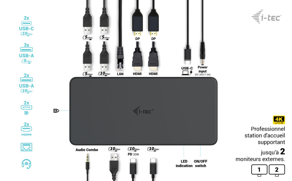 i-tec Station d'accueil Professionnelle Dual 4K Generation 2, USB 3.0 / USB-C / Thunderbolt 3, Power Delivery 100W