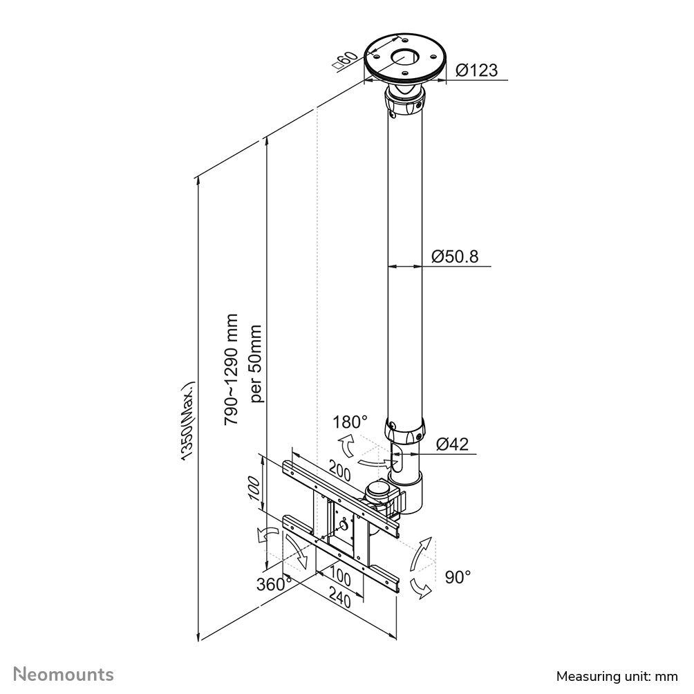 Neomounts FPMA-C100 Support de Plafond pour Écran 10-30", Hauteur 79-129 cm