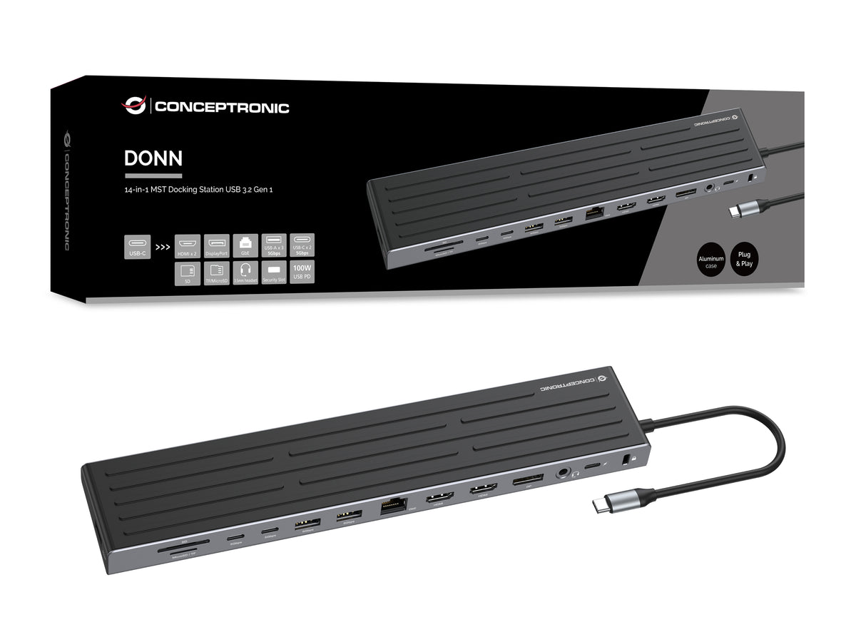 Conceptronic DONN32B Station d'accueil USB 3.2 Gen 1 Type-C, 4K Ultra HD, Gris Argent