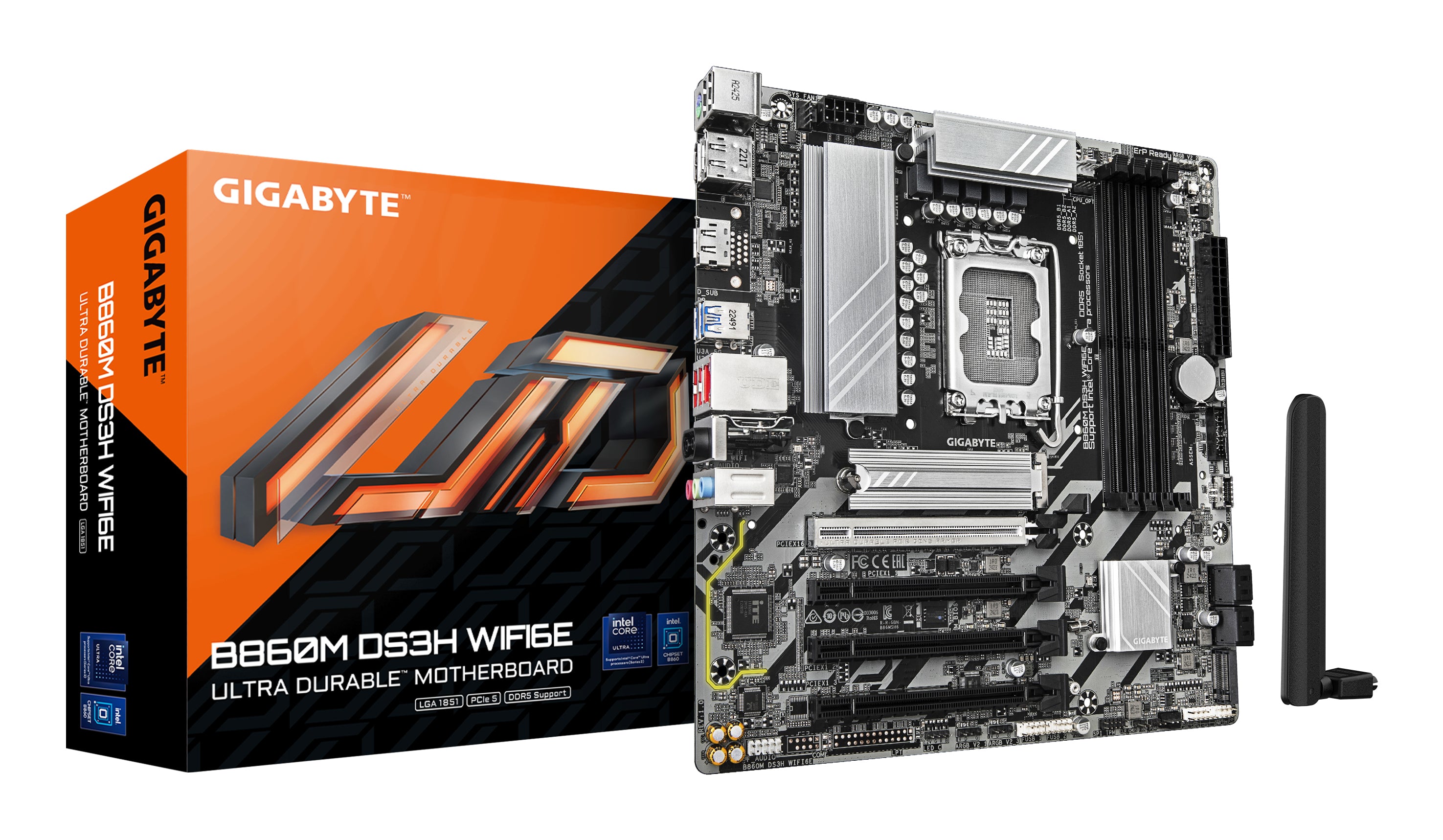 GIGABYTE B860M DS3H WIFI6E Carte mère - Processeurs Intel Core Ultra, VRM 5+1+2+1 phases, jusqu'à 9066MHz DDR5, 1xPCIe 5.0 + 1xPCIe 4.0 M.2, LAN 2,5 GbE, WIFI 6E, USB 3.2 Gen 2