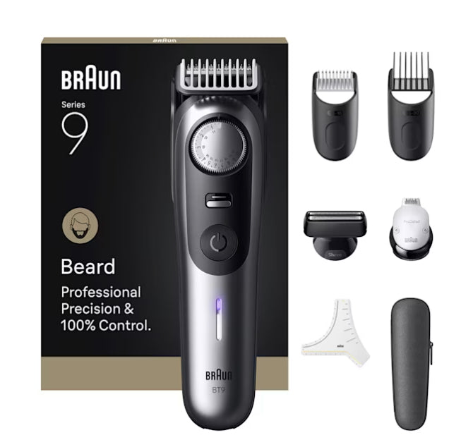 Braun BeardTrimmer 9 BT9520 Tondeuse à Barbe Noir et Gris, Étanche Mouillé & Sec