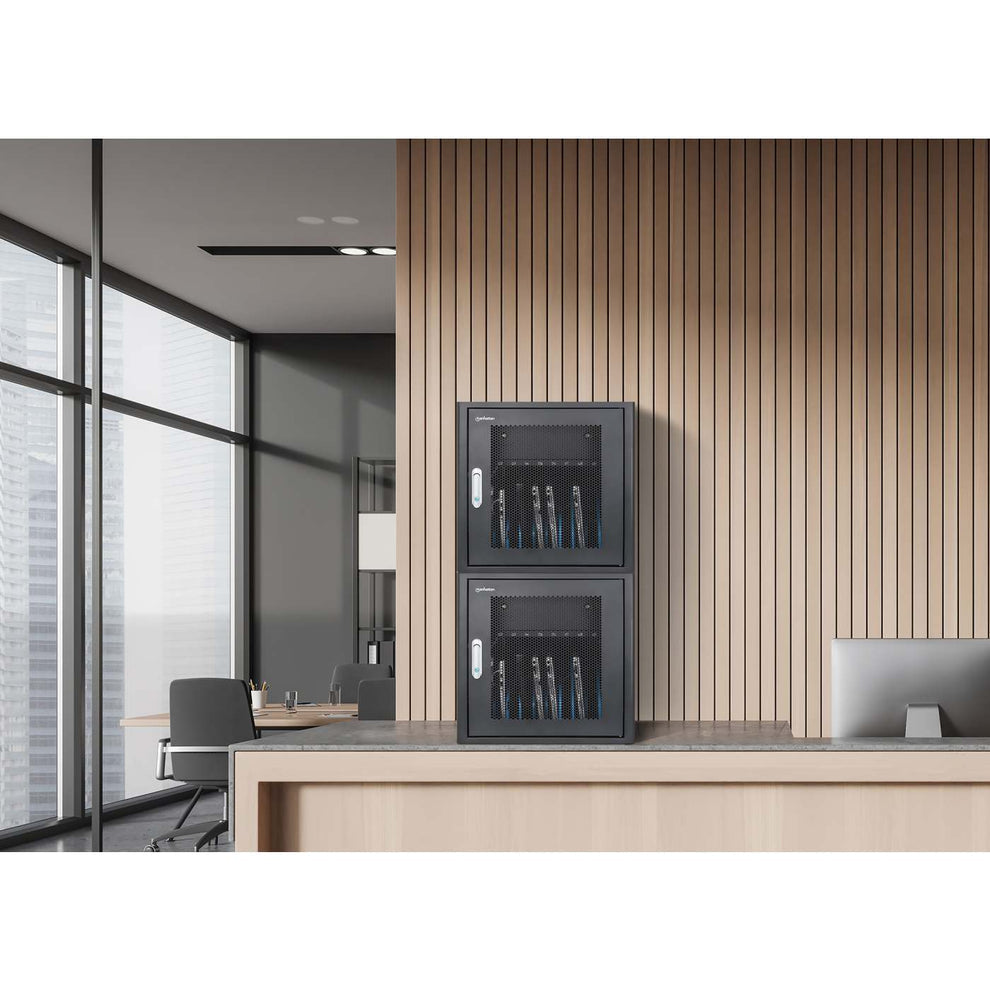 Manhattan Laptop Charging Cabinet Desktop via AC Adapter (EU) 10-bay Install device's AC Adapter (power cables) into unit Suitable for ALL laptops (to 16 ) iPads MacBooks Chromebooks other portable devices Bays 380x30x280mm Cart Lockable - vue 4