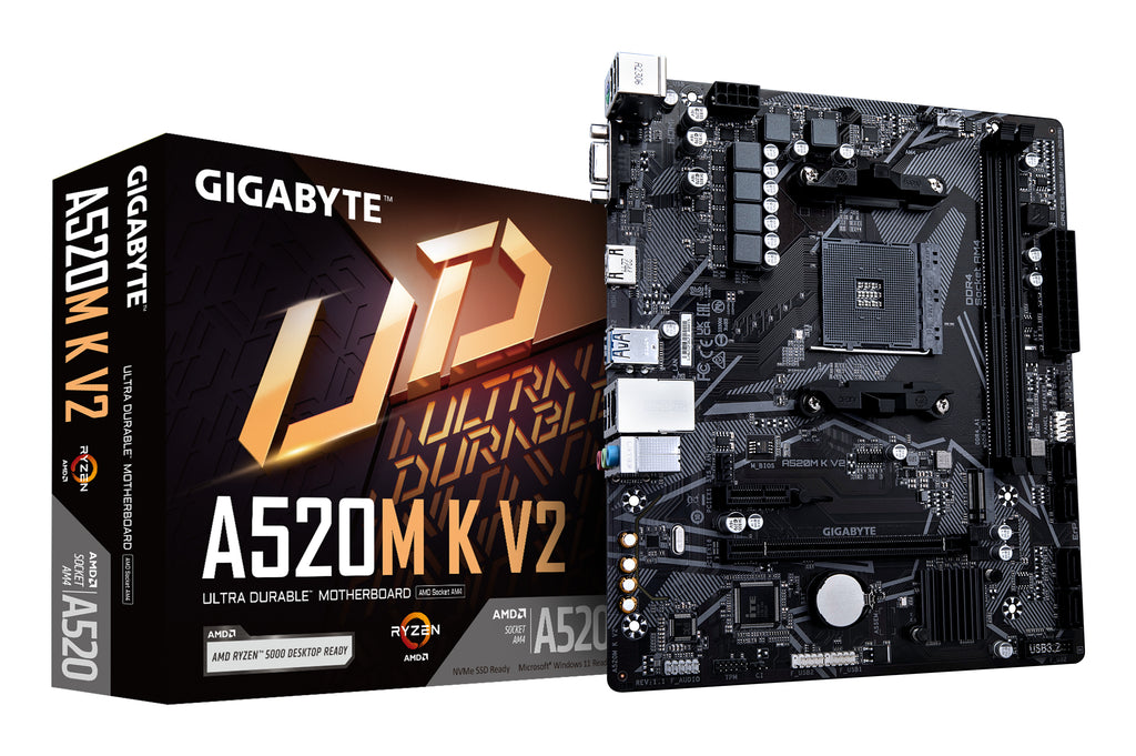 GIGABYTE Carte mère A520M K V2 - Prend en charge les processeurs AMD Ryzen série 5000 AM4, jusqu'à 5100MHz DDR4 (OC), PCIe Gen3 x4 M.2, LAN GbE, USB 3.2 Gen 1