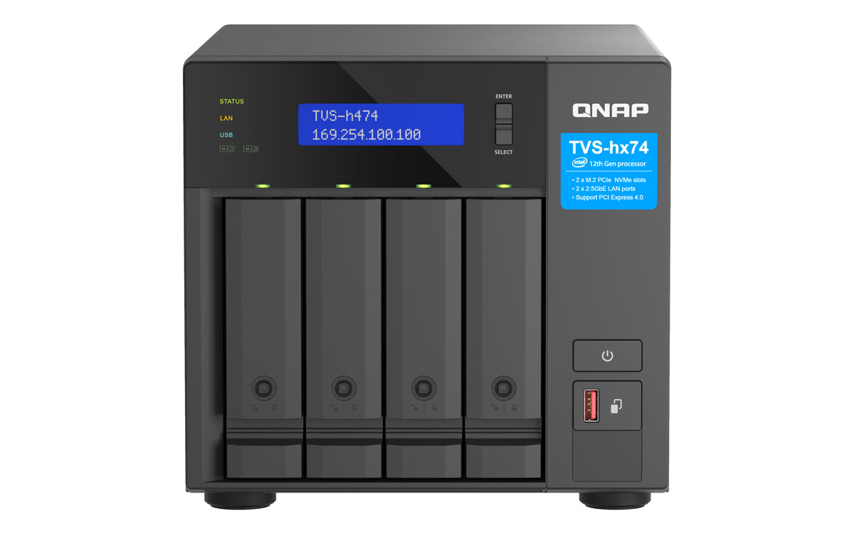 QNAP TVS-H474 NAS Tower Intel® Core™ i3 i3-12100 8 Go DDR4 0 To QuTS hero Noir
