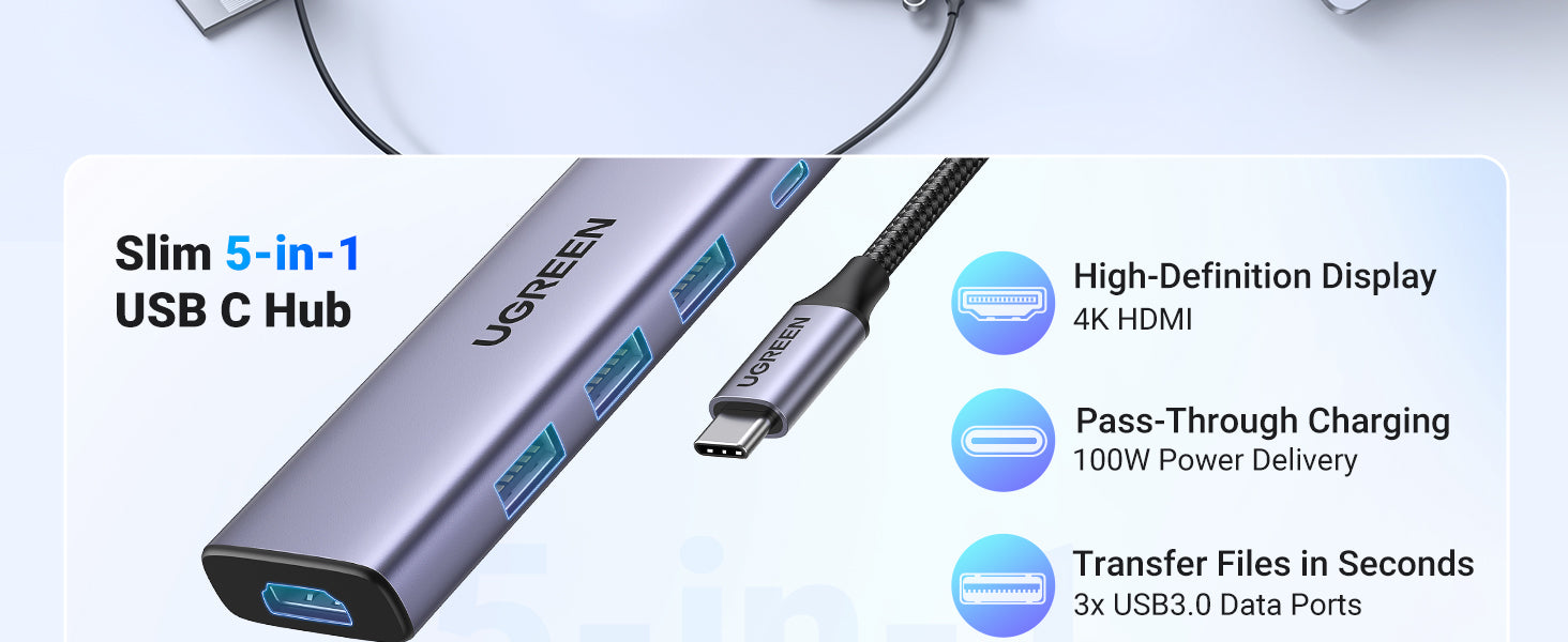 Ugreen 20956A hub & concentrateur USB Type-C 5000 Mbit/s Argent