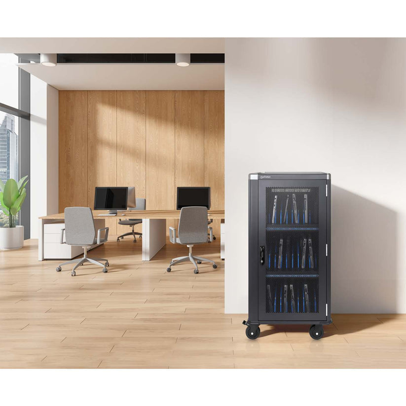 Manhattan Chariot de charge USB-C 65W pour 30 ordinateurs portables (jusqu’à 16"), compatible avec ordinateurs portables, iPads, MacBooks et autres appareils USB-C, compartiments 395×290×32,5 mm, câbles USB-C inclus, armoire, câbles d’alimentation EU/UK - vue 2