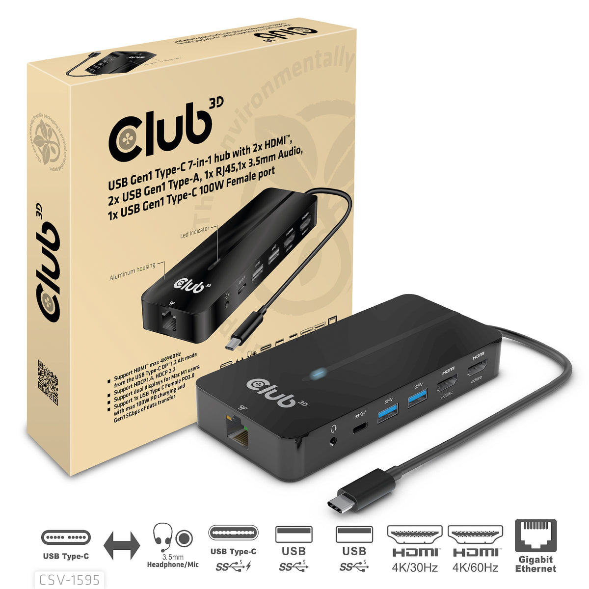 CLUB3D CSV-1595 Station d'accueil USB 3.2 Gen 1 Type-C, 4K UHD 60Hz, Noir