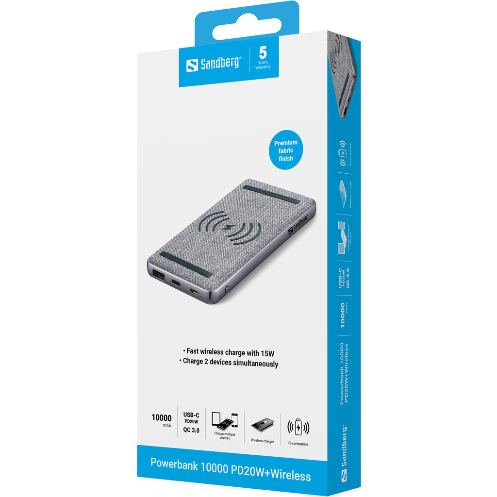 Sandberg 420-61 Batterie Externe 10000 mAh Recharge Sans Fil, Noir et Gris