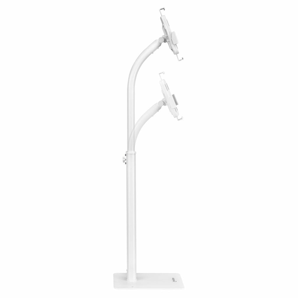 Manhattan Support de sol antivol pour tablette et iPad, universel, rotation 360°, inclinaison +20° à -110°, verrouillable, blanc, pour tablettes 7,9"–11", hauteur réglable 790 à 1190 mm, fixation à l’arrière au sol possible