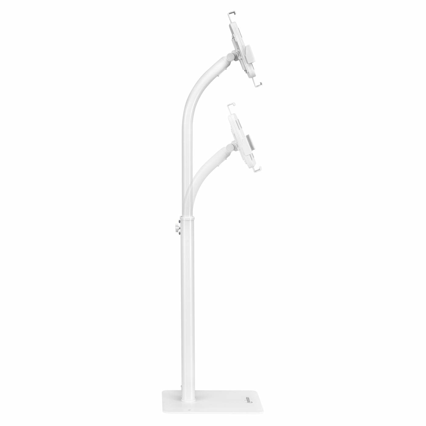 Manhattan Support de sol antivol pour tablette et iPad, universel, rotation 360°, inclinaison +20° à -110°, verrouillable, blanc, pour tablettes 7,9"–11", hauteur réglable 790 à 1190 mm, fixation à l’arrière au sol possible