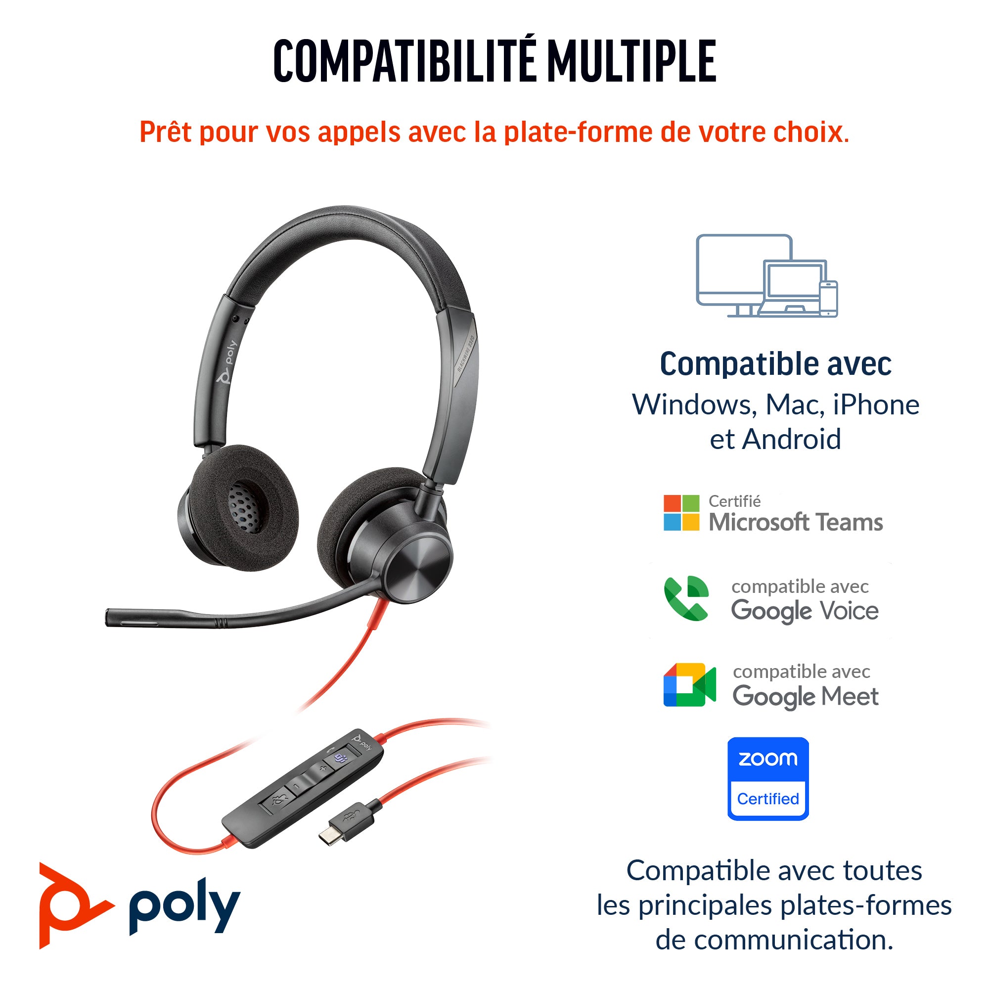 HP Poly Micro-casque Poly Blackwire 3320 stéréo USB-C + adaptateur USB-C/A