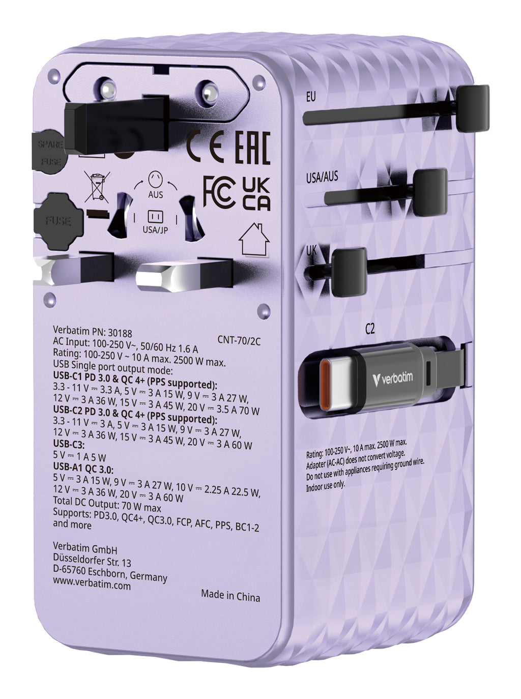 Verbatim Charge 'n' Travel 70W Adaptateur Secteur Universel Violet Charge Rapide