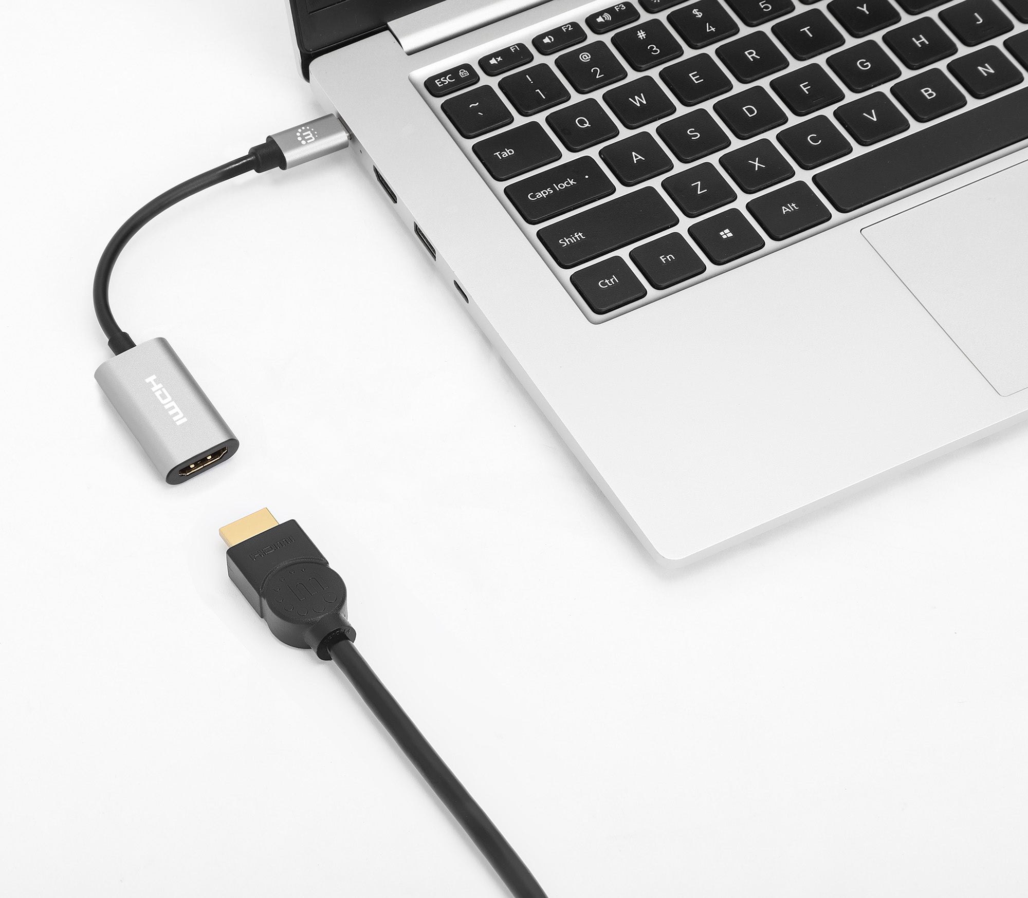 Manhattan Câble USB-C vers HDMI, 4K@60Hz + USB 5 Gbit/s (USB 3.2 Gen 1 / USB 3.0), 11 cm, mâle à mâle, noir/argent, garantie 3 ans