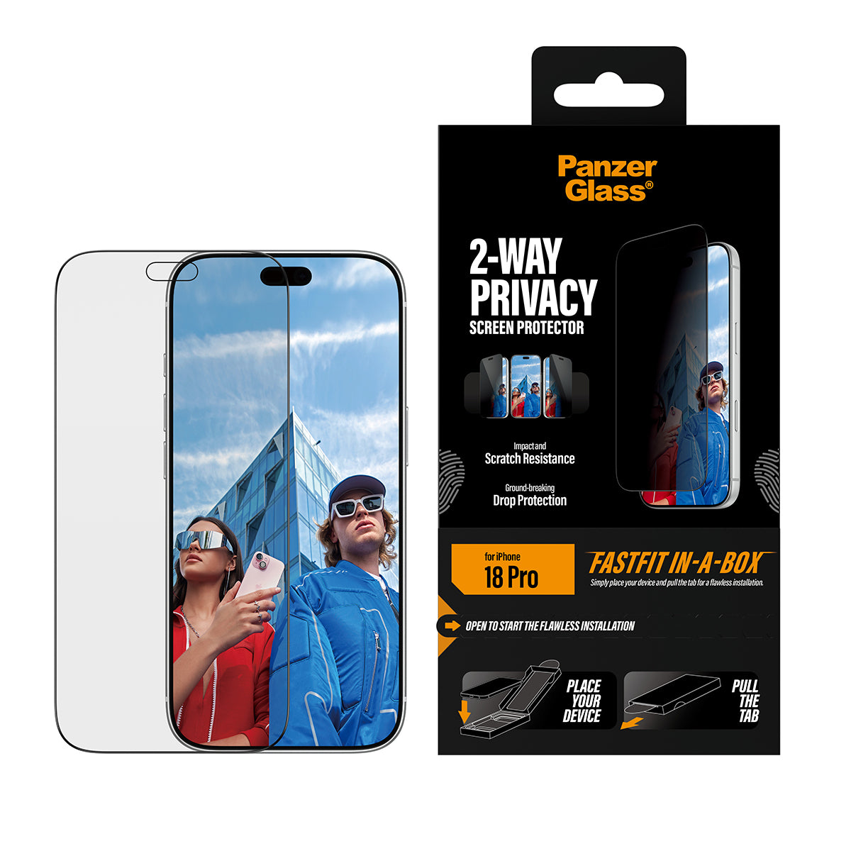 PanzerGlass ® 2-Way Privacy Screen Protector iPhone 2026 Pro | Ultra-Wide Fit w. FASTFIT IN-A-BOX Protection d'écran tra