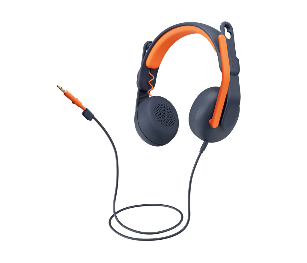 Logitech Zone Learn Casque Supra-Auriculaire Filaire pour Apprenants, Câble AUX 3,5 mm, Noir et Orange