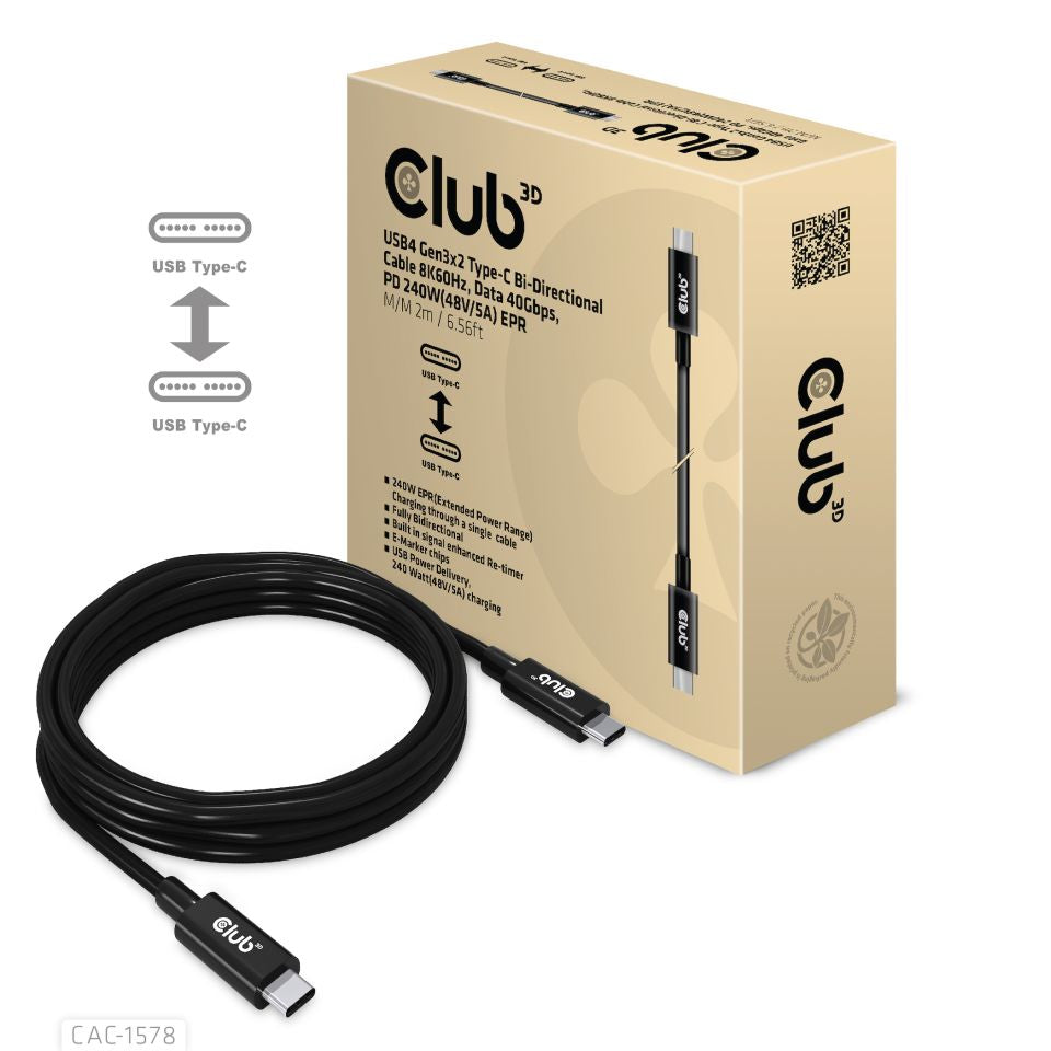 CLUB3D CAC-1578 câble USB USB4 Gen 3x2 2 m USB C 40 Gbit/s 240 W Noir