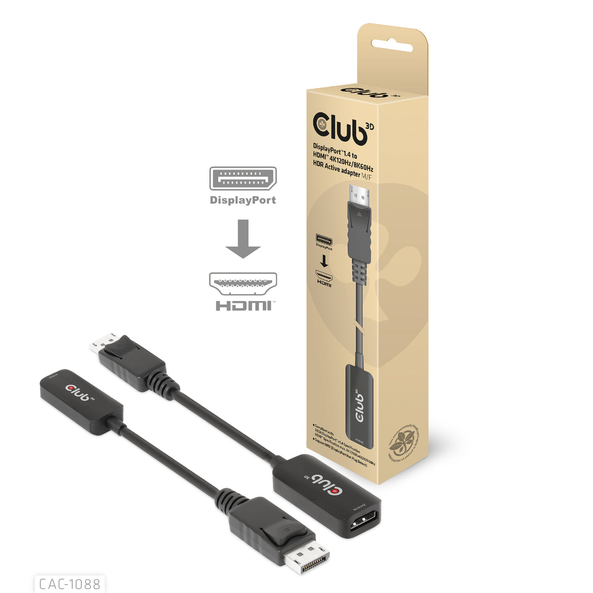 CLUB3D CAC-1088 Câble Adaptateur DisplayPort vers HDMI, Noir, 0,21 m