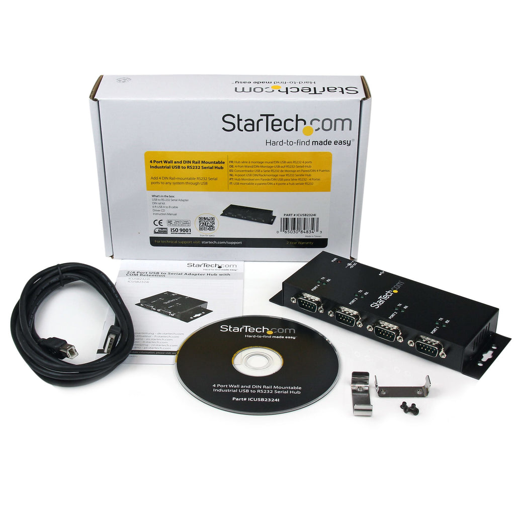 StarTech.com Hub Adaptateur USB vers Série DB9 RS232 4 Ports, Montage Rail DIN et Mural