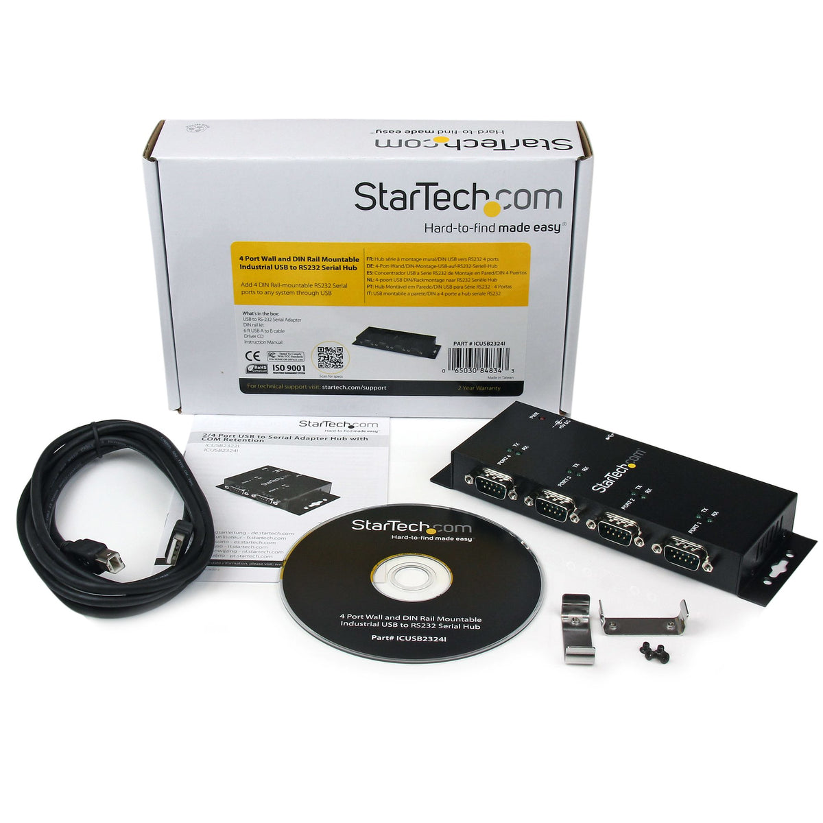 StarTech.com Hub Adaptateur USB vers Série DB9 RS232 4 Ports, Montage Rail DIN et Mural
