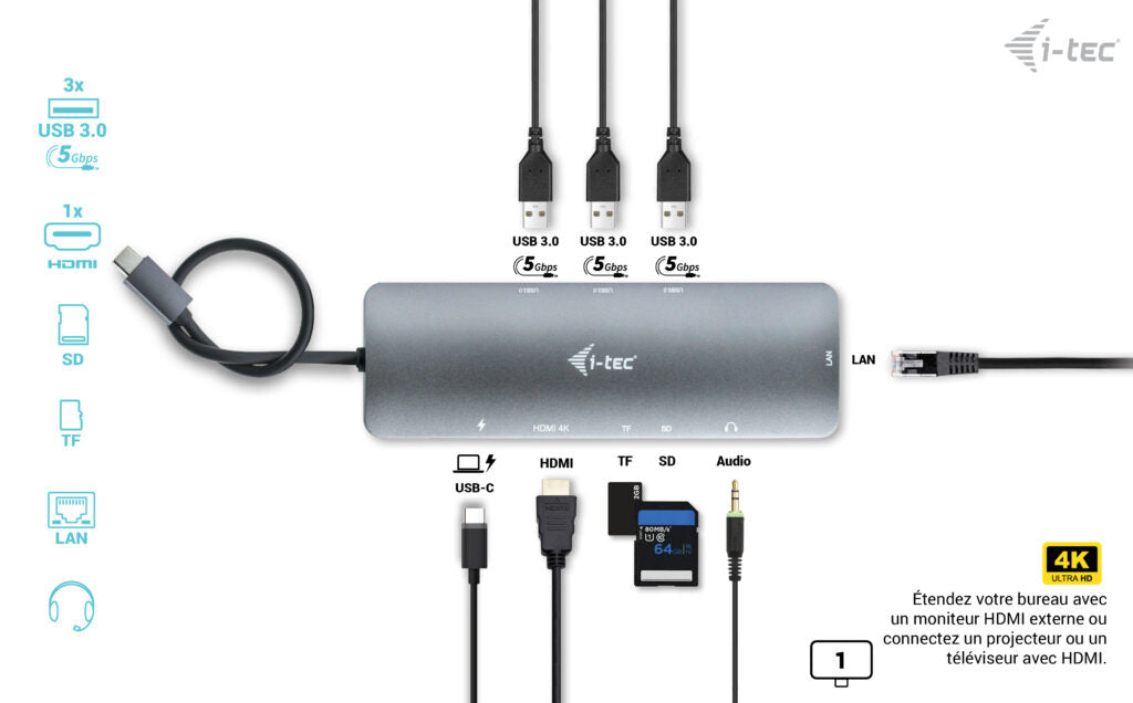 i-tec USB-C Metal Nano Docking Station 4K HDMI LAN with Power Delivery 100W + Universal Charger 100W