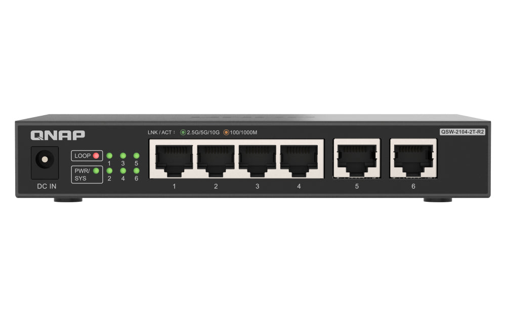 QNAP QSW-2104-2T-R2 Commutateur Réseau Non-géré 10G Ethernet, 4 ports 2,5 GbE et 2 ports 10 GbE, Noir