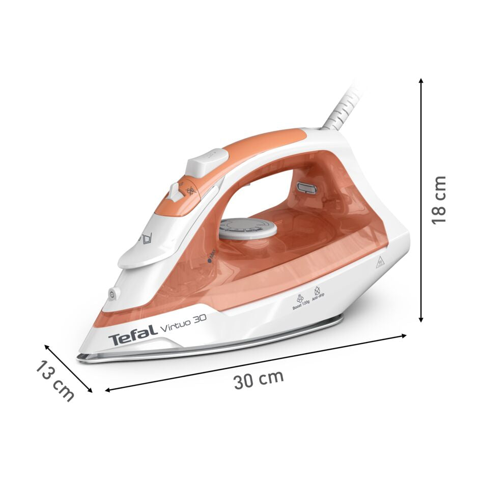 Tefal Virtuo 30 FV2C40E0 fer à repasser Fer à repasser à sec ou à vapeur Semelle en céramique 2000 W Pêche, Blanc