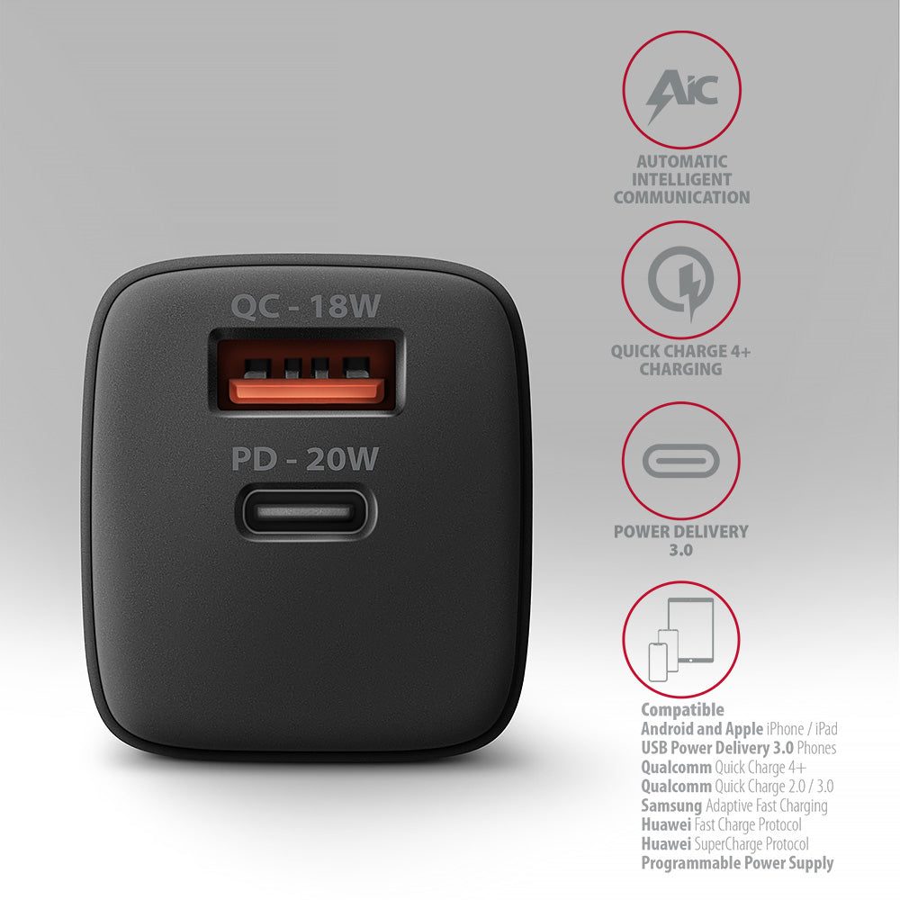 Axagon ACU-PQ20 wall charger QC3.0/AFC/FCP+ PD type-C 20 W - schwarz - USB Typ C Téléphone portable, Smartphone, Smartwatch, Tablette, Universel Noir Secteur Charge rapide Intérieure