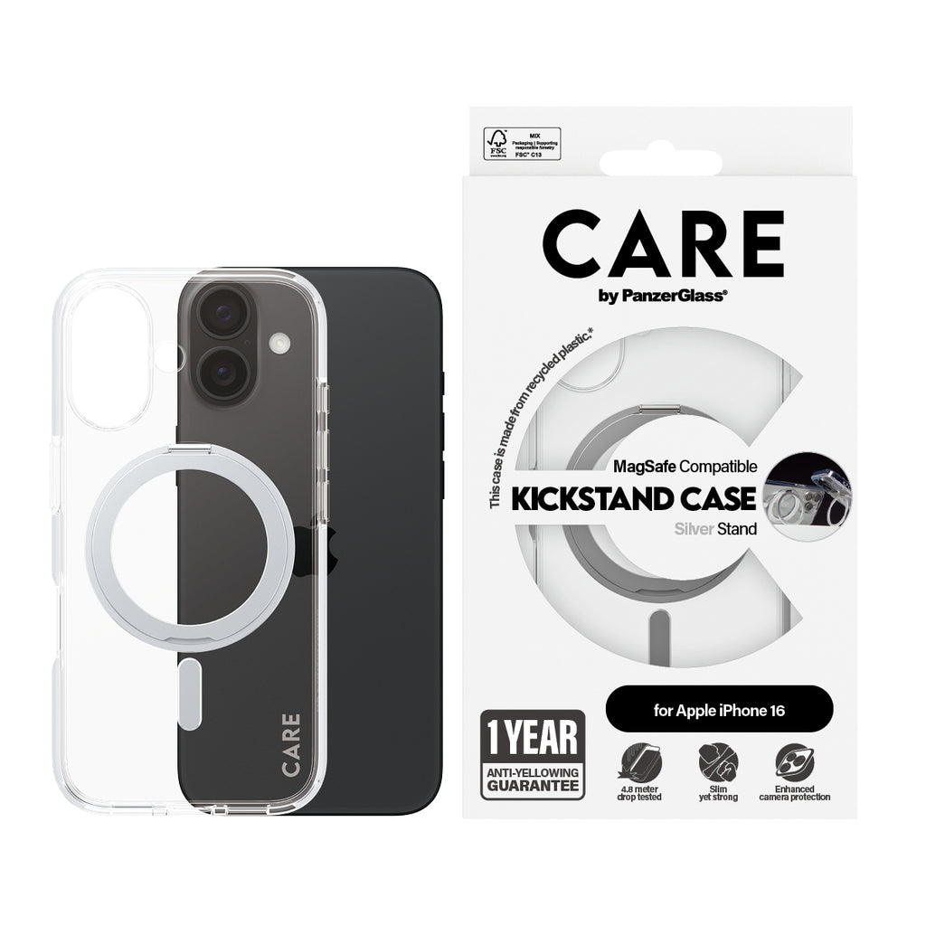 PanzerGlass CARE™ by ® Case Transparent w. Silver Kickstand & MagSafe iPhone 16 coque de protection pour téléphones portables Housse