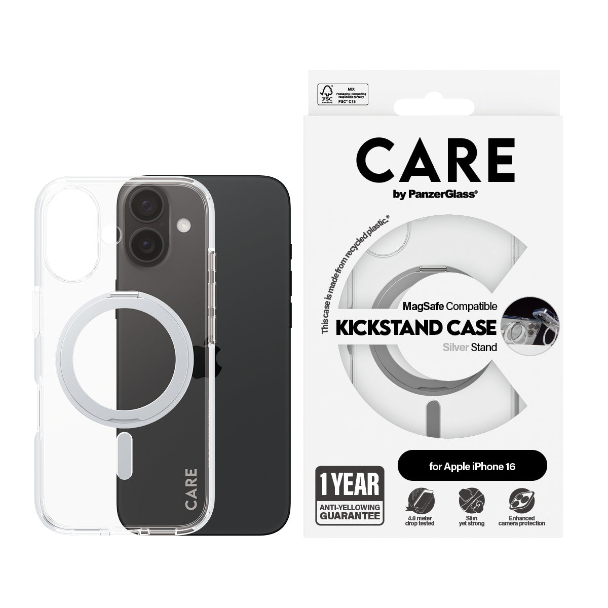 PanzerGlass CARE™ by ® Case Transparent w. Silver Kickstand & MagSafe iPhone 16 coque de protection pour téléphones portables Housse