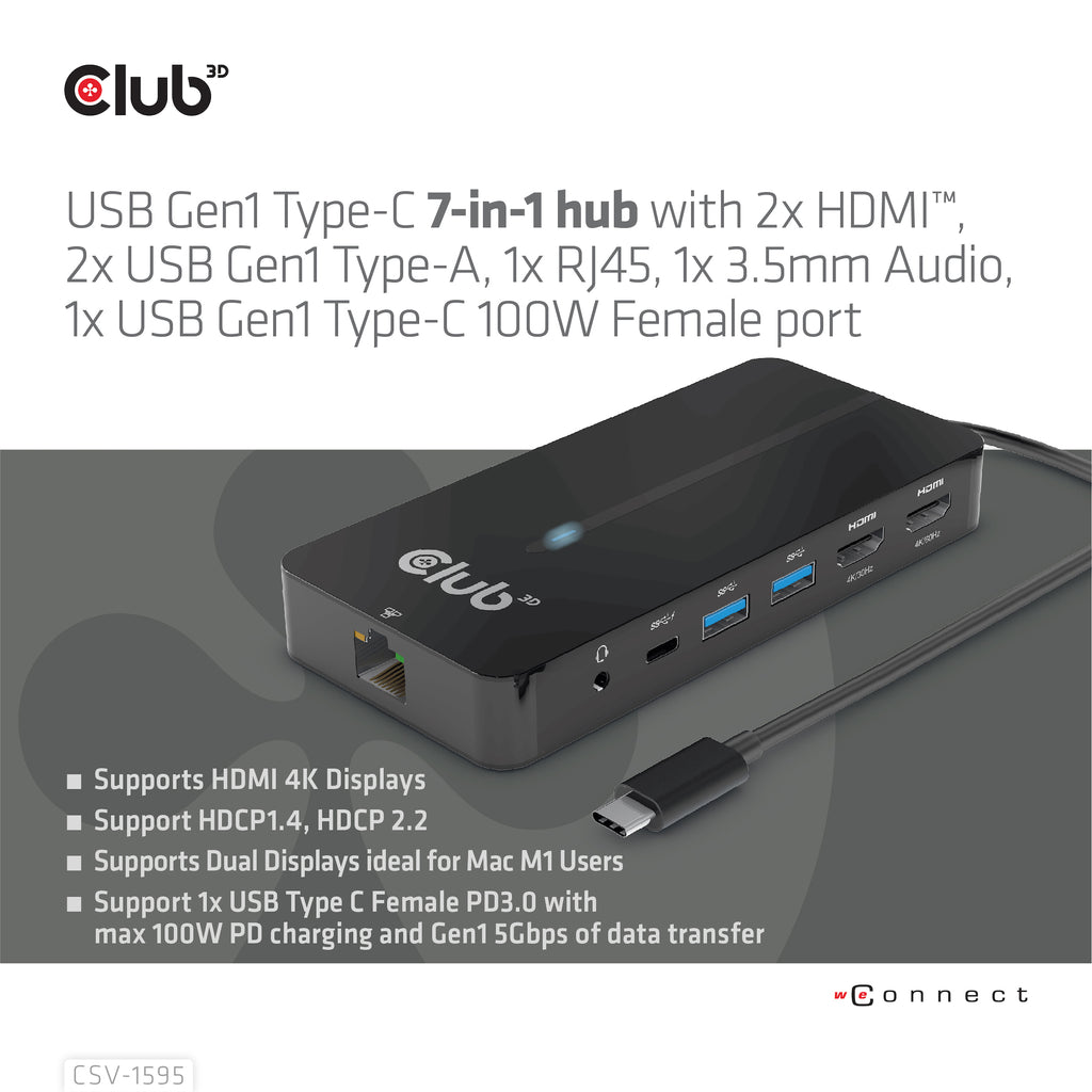CLUB3D CSV-1595 Station d'accueil USB 3.2 Gen 1 Type-C, 4K UHD 60Hz, Noir