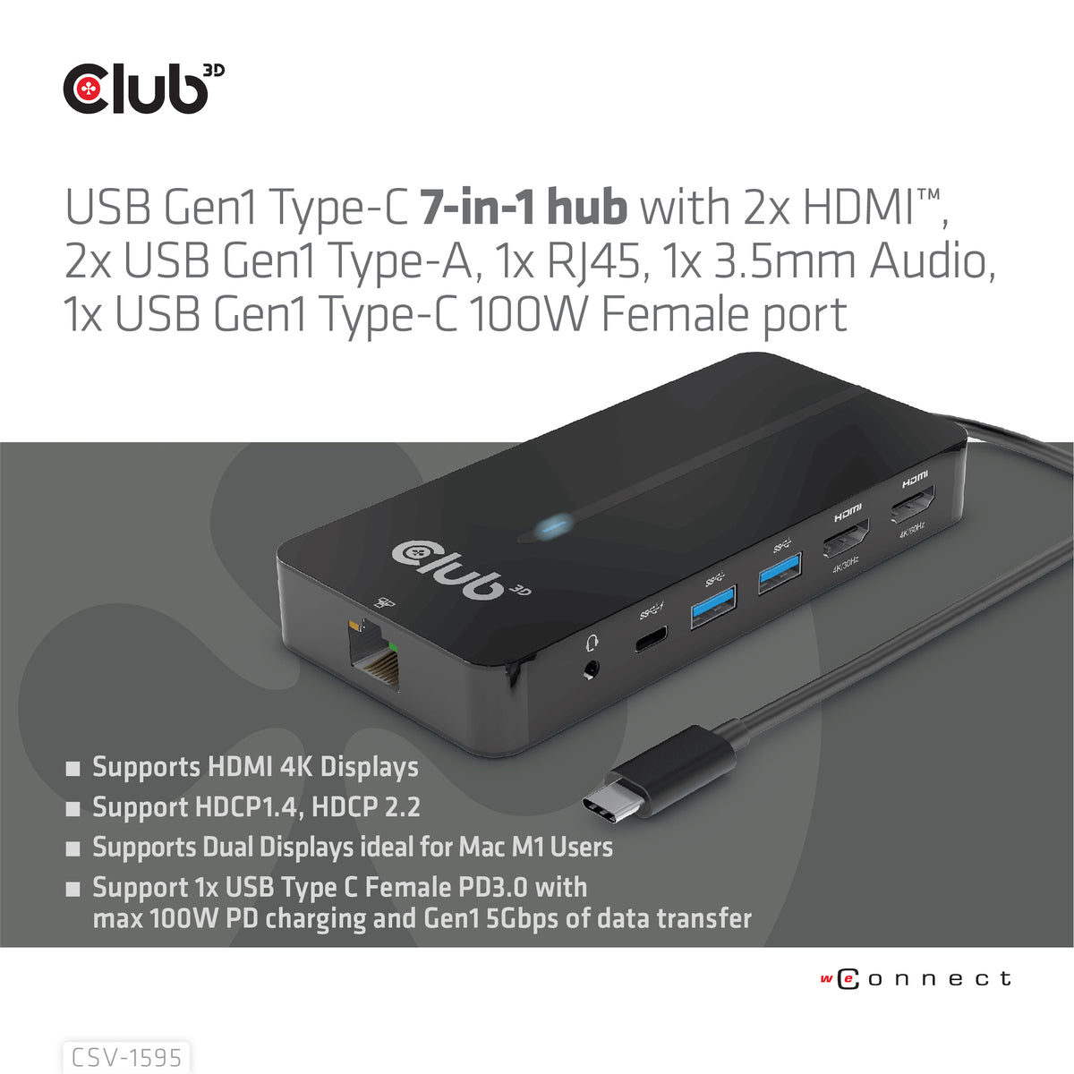 CLUB3D CSV-1595 Station d'accueil USB 3.2 Gen 1 Type-C, 4K UHD 60Hz, Noir