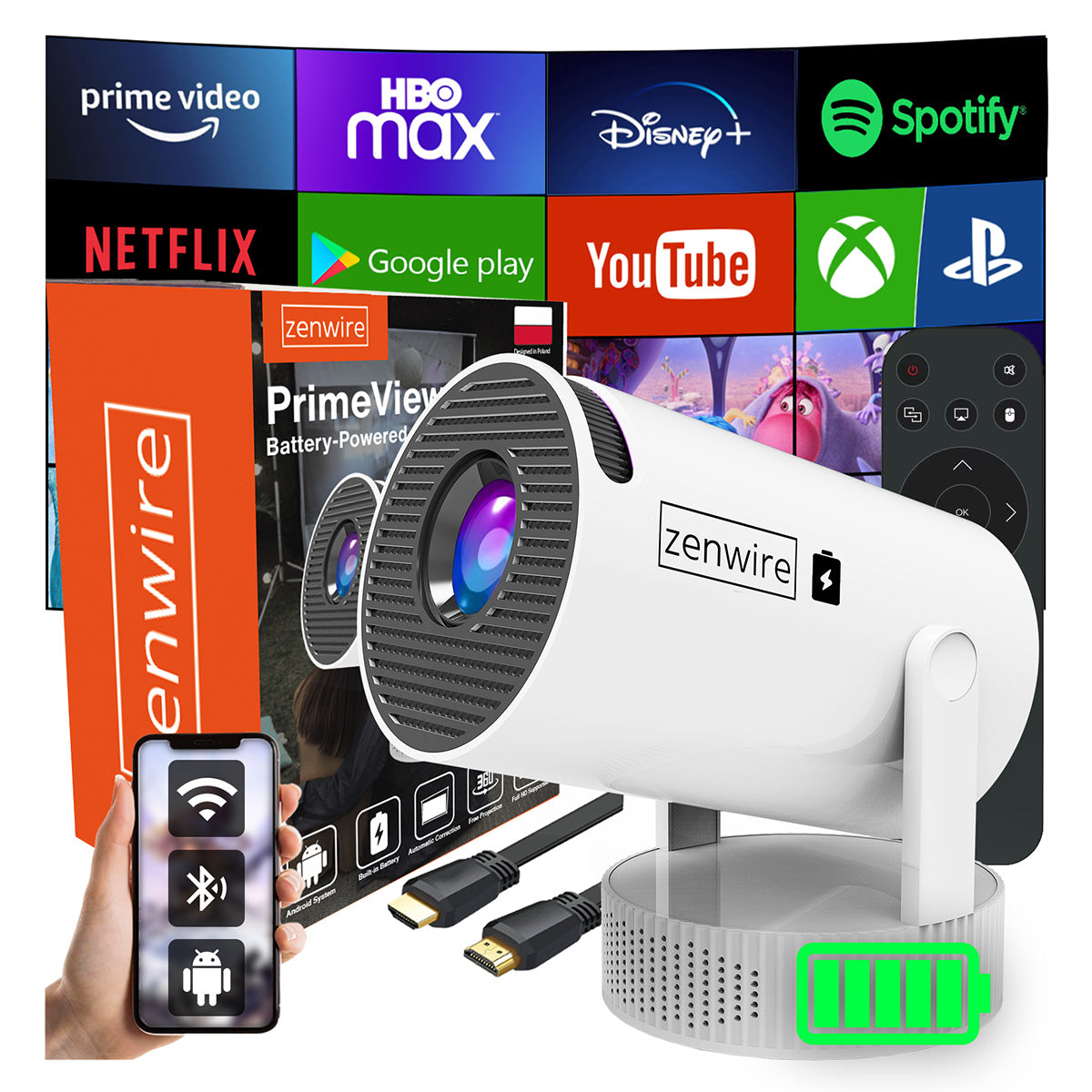 Mini-projecteur Android portable avec Wi-Fi, projection Full HD et Bluetooth, équipé d'une batterie Zenwire K400