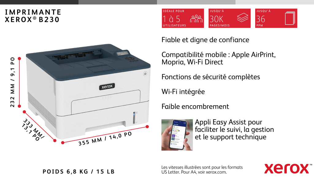 Xerox B230 Imprimante Laser A4 Recto Verso Sans Fil, 34 ppm, PCL5e/6, Capacité 251 feuilles