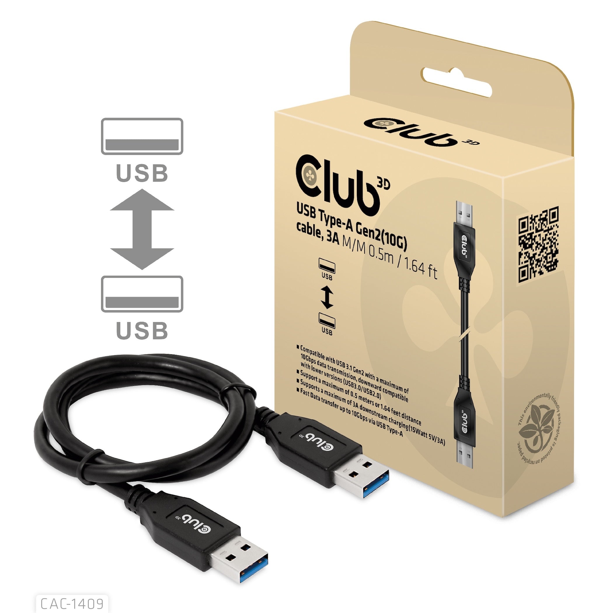 CLUB3D CAC-1409 câble USB USB 3.2 Gen 2 (3.1 Gen 2) 0,5 m USB A 10 Gbit/s 15 W Noir