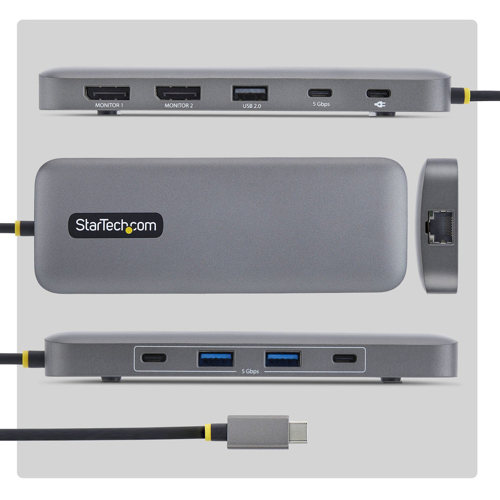 StarTech.com Adaptateur Multiport USB-C vers Deux Ports DisplayPort 10-en-1, Recharge Power Delivery 100 W, 2 x 4K 60Hz, Hub 5 Ports à 5 Gbps, Gigabit Ethernet, Mini Dock Type-C