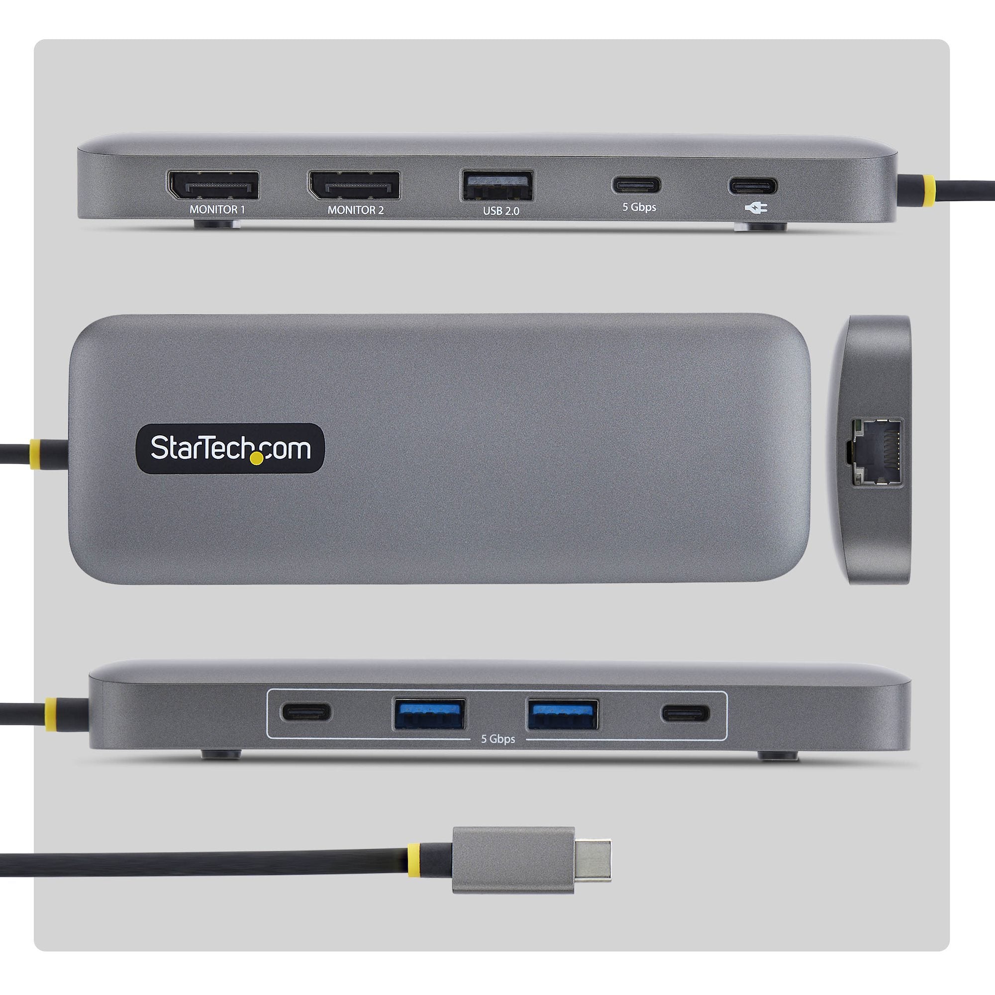 StarTech.com Adaptateur Multiport USB-C vers Deux Ports DisplayPort 10-en-1, Recharge Power Delivery 100 W, 2 x 4K 60Hz, Hub 5 Ports à 5 Gbps, Gigabit Ethernet, Mini Dock Type-C