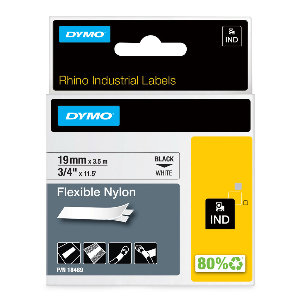 DYMO Rhino Étiquettes industrielles | Nylon flexible | 19 mm x 3,5 m | autocollantes impression en noir sur fond blanc | pour étiqueteuses Rhino et LabelManager