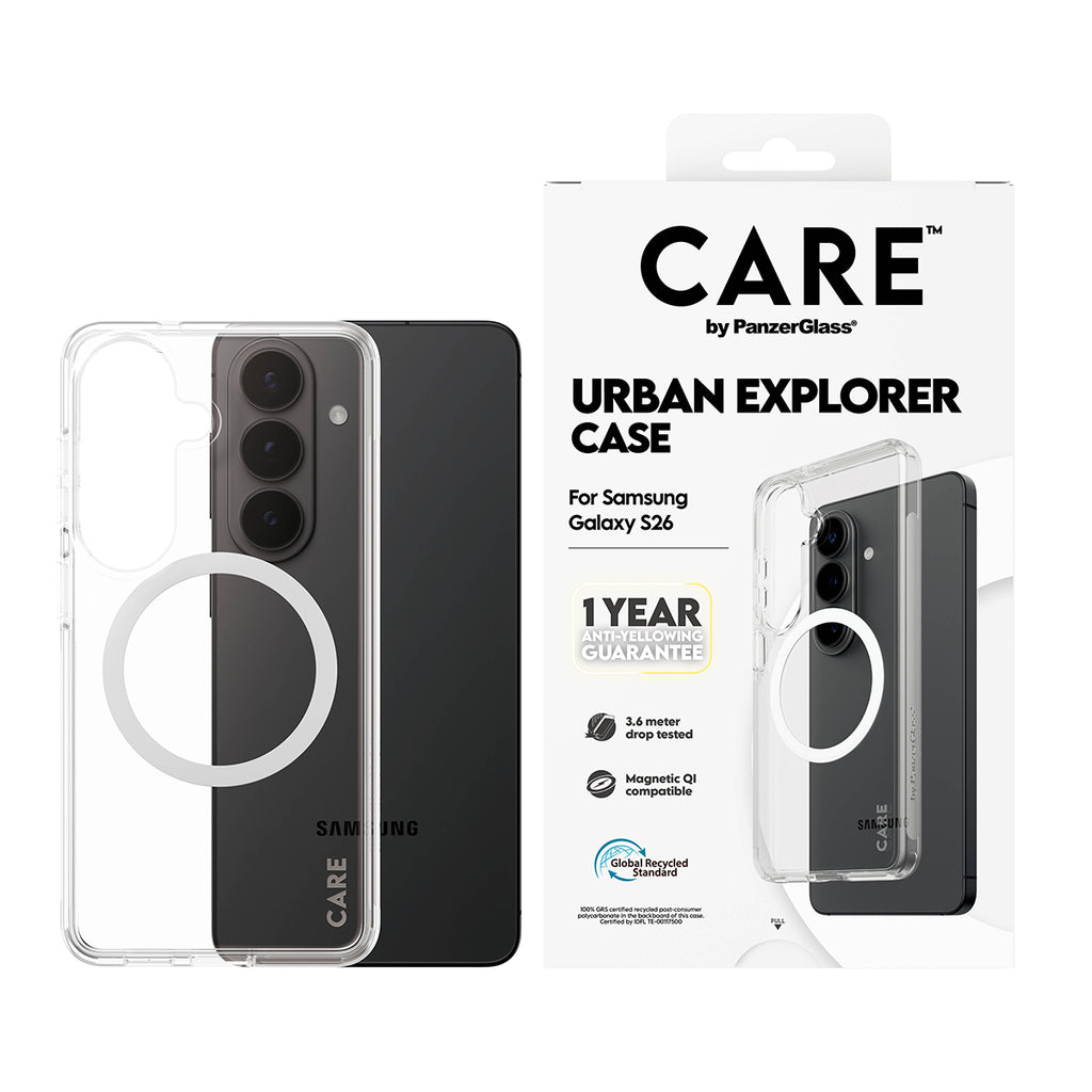 PanzerGlass CARE Urban Explorer Coque Transparent avec White Qi pour Samsung Galaxy S26