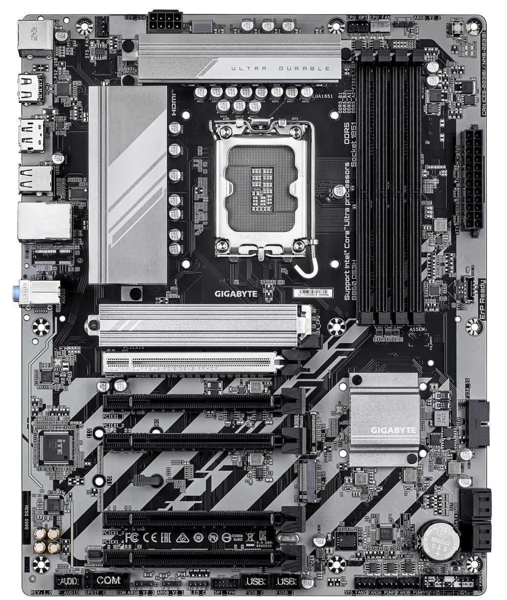 GIGABYTE B860 DS3H Carte mère - Processeurs Intel Core Ultra, VRM 8+1+2+2 phases, jusqu'à 9066MHz DDR5, 1xPCIe 5.0 + 1xPCIe 4.0 M.2, LAN 2,5 GbE, USB 3.2 Gen 2x2