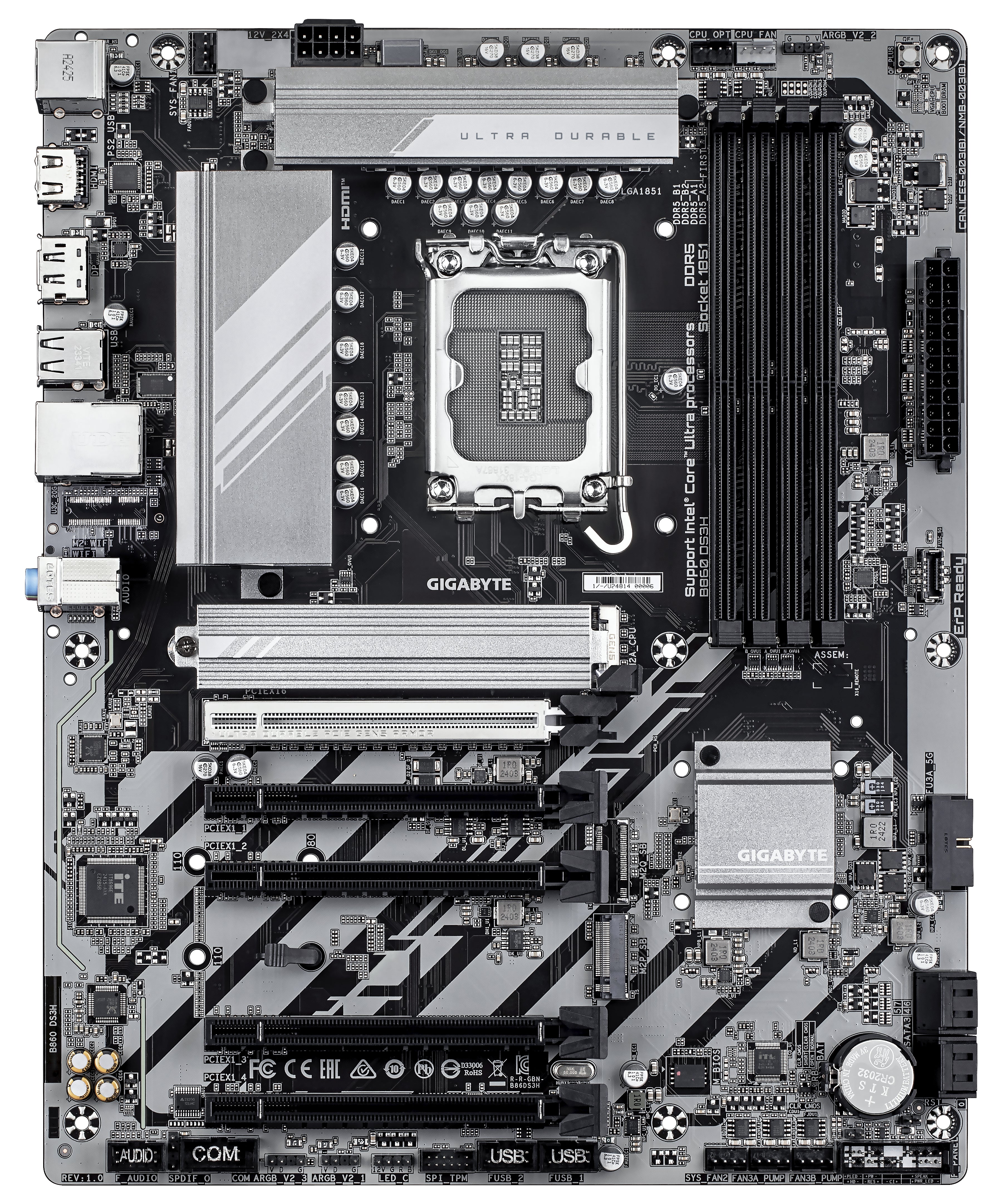 GIGABYTE B860 DS3H Carte mère - Processeurs Intel Core Ultra, VRM 8+1+2+2 phases, jusqu'à 9066MHz DDR5, 1xPCIe 5.0 + 1xPCIe 4.0 M.2, LAN 2,5 GbE, USB 3.2 Gen 2x2