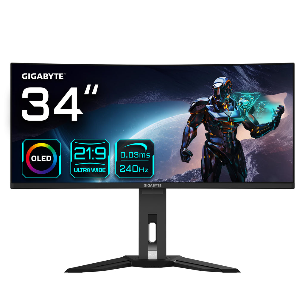 GIGABYTE Moniteur de jeu courbé OLED WQHD MO34WQC2 de 34" - 3440 x 1440, 240Hz, 0.03ms, KVM, 250 cd/m², FreeSync Premium Pro, DisplayHDR True Black 400, HDMI 2.1, Displayport 1.4