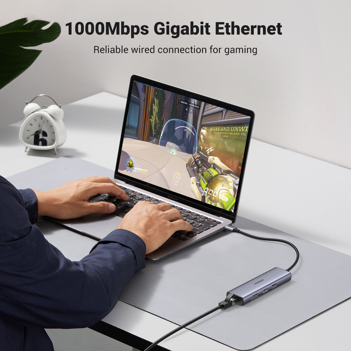 Ugreen USB-C to 2*USB3.0+HDMI+RJ 45+SD&TF+PD port Hub - vue 5