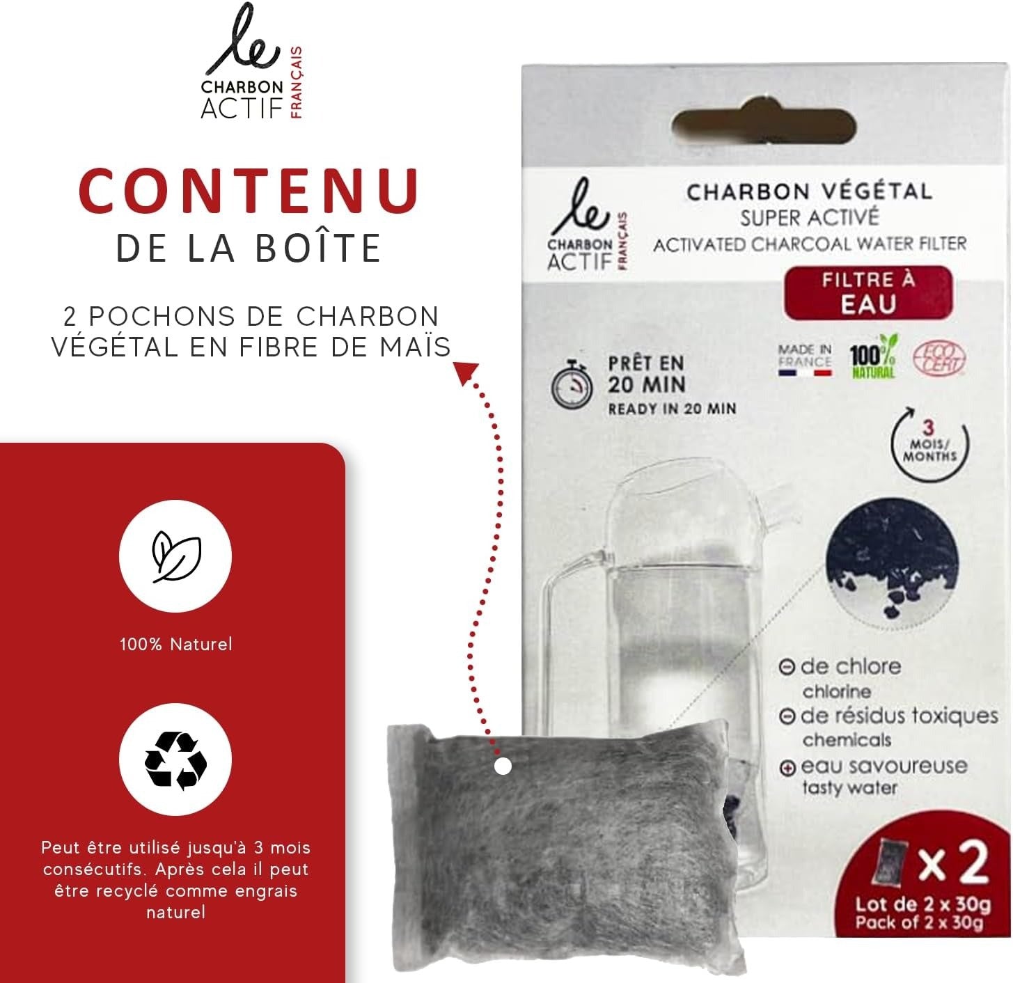 Lot de 2 filtres à eau au charbon végétal super activé