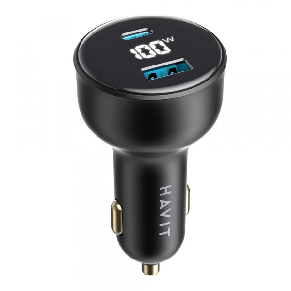 Havit Car Charger CC100W Display, 100W, 5A, 1 x USB-A - 1 x USB-C, Black