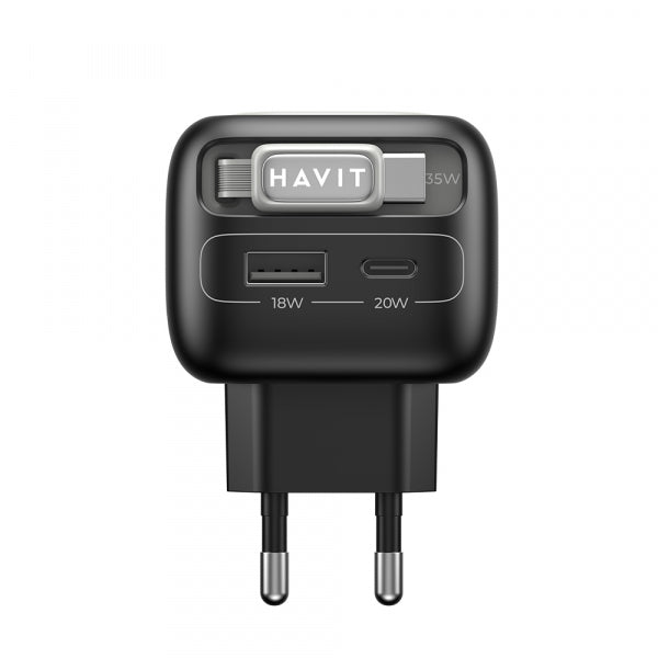 Havit Wall Charger UC251, 35W, 3A, 1 x USB-A - 1 x USB-C, with USB-C Cable, Black Grey