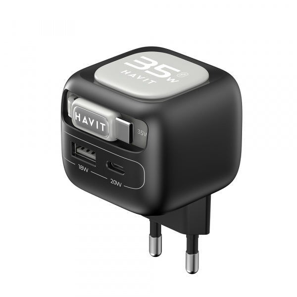 Havit Wall Charger UC251, 35W, 3A, 1 x USB-A - 1 x USB-C, with USB-C Cable, Black Grey